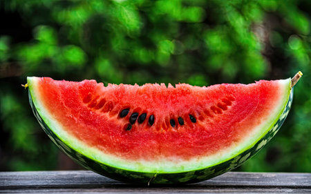 Fresh watermelon on wooden table with nature background, selective focus.の素材
