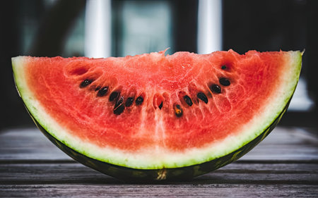 Watermelon slice on wooden table,vintage color tone,selective focusの素材