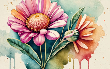 Hand drawn watercolor illustration of daisy flowers on watercolor backgroundのイラスト素材
