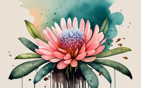 Watercolor painting of pink protea flower on watercolor background.のイラスト素材