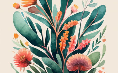 Floral watercolor background with flowers and leaves. Vector illustration.のイラスト素材