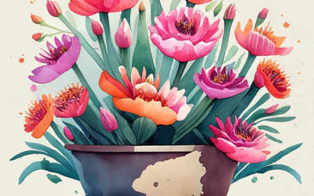 Watercolor illustration of a bouquet of flowers in a pot.のイラスト素材