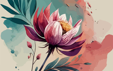 Hand drawn watercolor floral background with lotus flower. Vector illustration.のイラスト素材