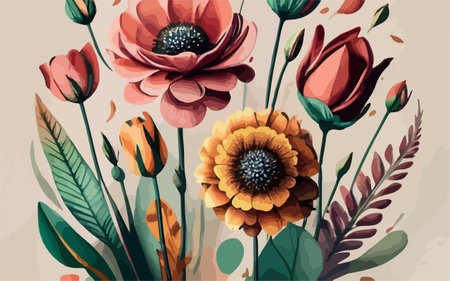 Floral background with flowers and leaves in watercolor style. Vector illustration.のイラスト素材