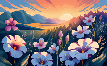Colorful vector illustration of a beautiful landscape with flowers and mountains.のイラスト素材