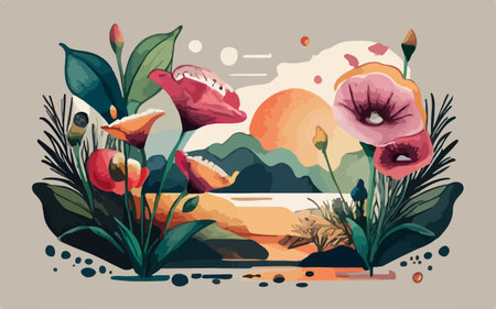 Hand drawn illustration with flowers, plants and sky. Vector illustration.のイラスト素材