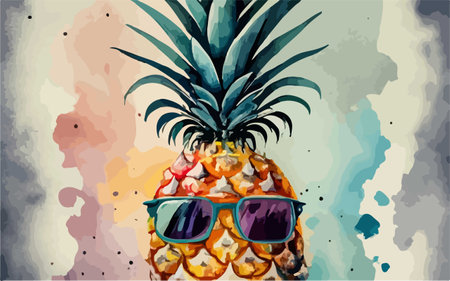 Pineapple with sunglasses on a watercolor background. Vector illustrationのイラスト素材