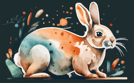 Rabbit. Hand drawn watercolor illustration on a dark background.のイラスト素材