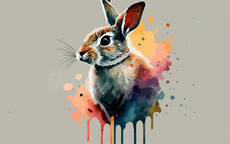 Rabbit with watercolor splashes on a gray background. Vector illustration.のイラスト素材