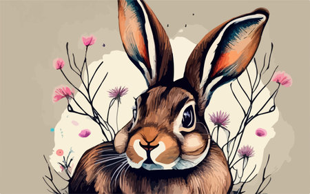 Hand drawn vector illustration of a cute cartoon hare with flowers.のイラスト素材