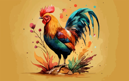 Rooster on a background of flowers. Hand drawn vector illustration.のイラスト素材