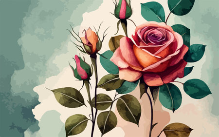 Beautiful watercolor rose with green leaves. Hand drawn illustration.のイラスト素材