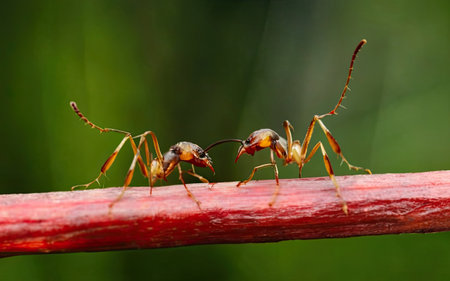 Ants mating on a red twig in the rainforest.の素材
