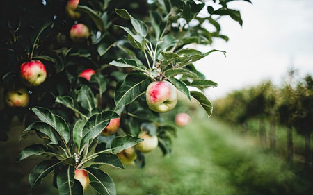 Apple tree with ripe red apples in orchard. Selective focusの素材