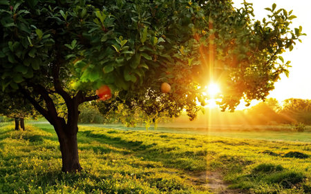 Lemon tree in the garden at sunset. Beautiful summer landscape.の素材