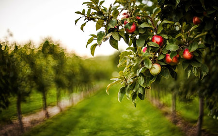 Rows of apple trees in an orchard with ripe red applesの素材