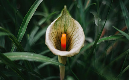 Close up of a white and orange anthurium flower in the gardenの素材