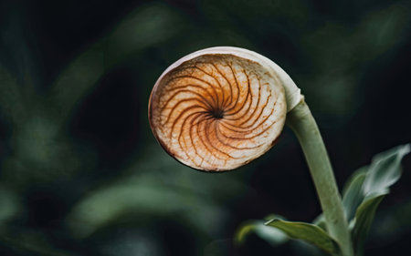 Close-up of a snail shell on a flower in the gardenの素材