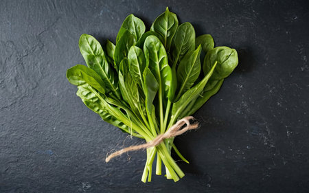 Bunch of fresh baby spinach on black background, top view.の素材
