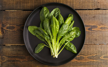 Bunch of fresh green spinach in a black plate on a wooden backgroundの素材