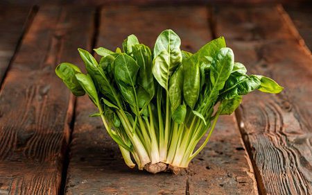 Bunch of fresh organic baby spinach on rustic wooden background.の素材