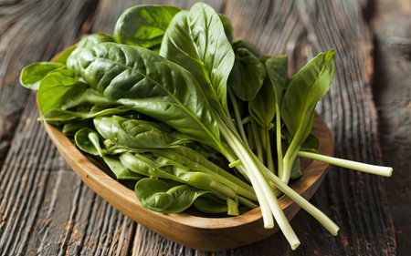 Bunch of fresh spinach in wooden bowl on rustic wooden tableの素材