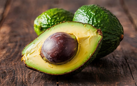 Avocado on a wooden background, close-up, selective focus.の素材