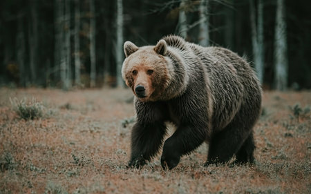 Brown bear walking in the autumn forest. Scientific name: Ursus arctos.の素材