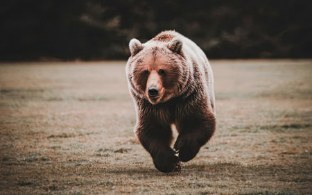 Grizzly bear running on the field. Brown bear in nature.の素材