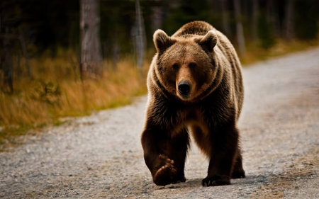 Brown bear walking on the road in the autumn forest. Scientific name: Ursus arctos.の素材