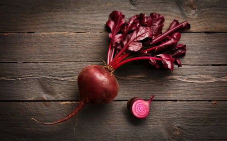 Fresh beetroot on wooden background. Top view with copy space.の素材