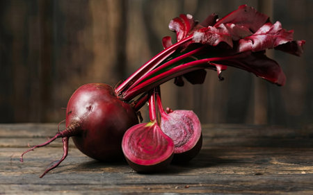 Fresh beetroot on wooden table, on dark rustic background.の素材