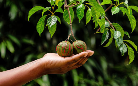 Hands of woman holding a branch of a tree with green leavesの素材