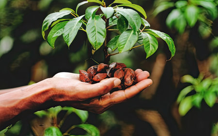 Hands holding a handful of cocoa beans on a green background.の素材