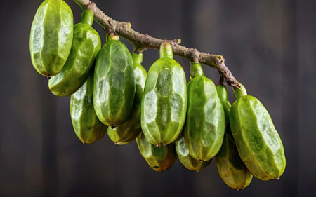 Star gooseberry fruits on a branch against a dark wooden background.の素材