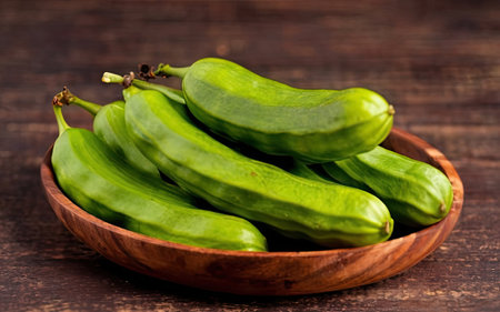 Fresh green cucumbers in a wooden bowl on a wooden background.の素材