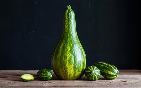 Green pumpkin and zucchini on a wooden table. Dark background.の素材