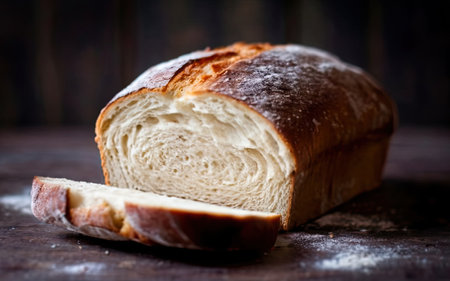 Freshly baked loaf of bread on rustic wooden table, selective focusの素材