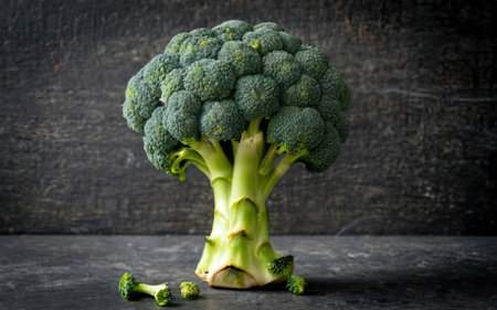 Fresh green broccoli on dark background. Healthy food concept. Selective focus.の素材