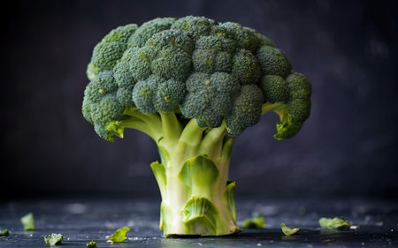 Fresh green broccoli on black wooden background, selective focus, copy spaceの素材