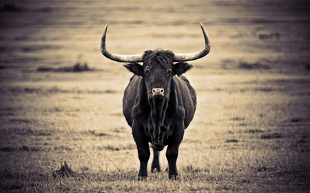 Black bull with big horns on the field. Spain. Toned.の素材
