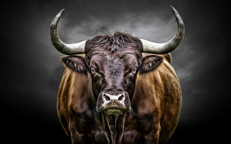 Portrait of a black cow with horns on a dark background.の素材