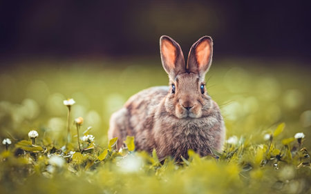 Cute little rabbit on the meadow. Springtime. Retro style.の素材