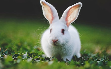 White rabbit on green grass. Easter bunny in the meadow.の素材