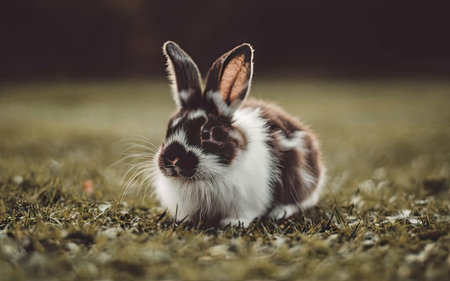 Cute little rabbit on the grass in the garden, vintage toneの素材