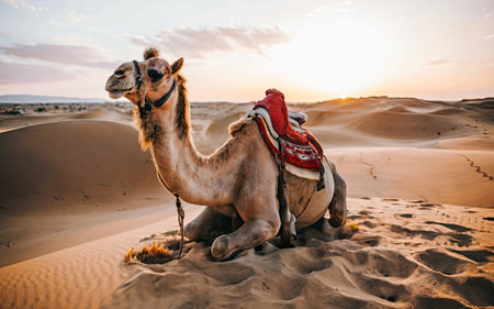 Camel in the Sahara desert at sunset. Morocco. Africa.の素材