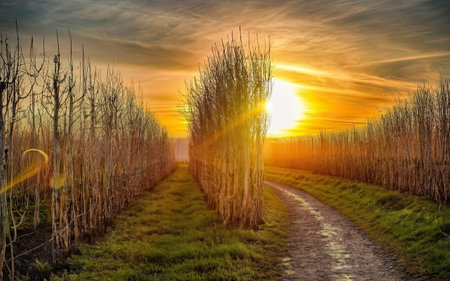 Sunset over a rural road in the countryside in springtime.の素材