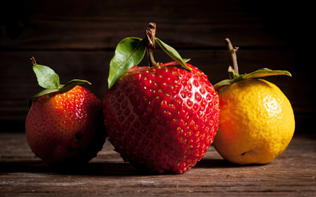 Strawberries and lemons on a wooden background. Toned.の素材