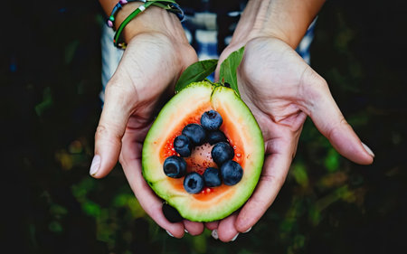 Female hands holding watermelon and blueberries on the nature background.の素材