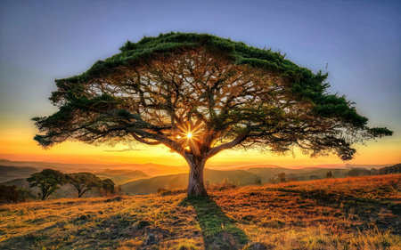 Beautiful sunset in the mountains with a tree in the foreground.の素材